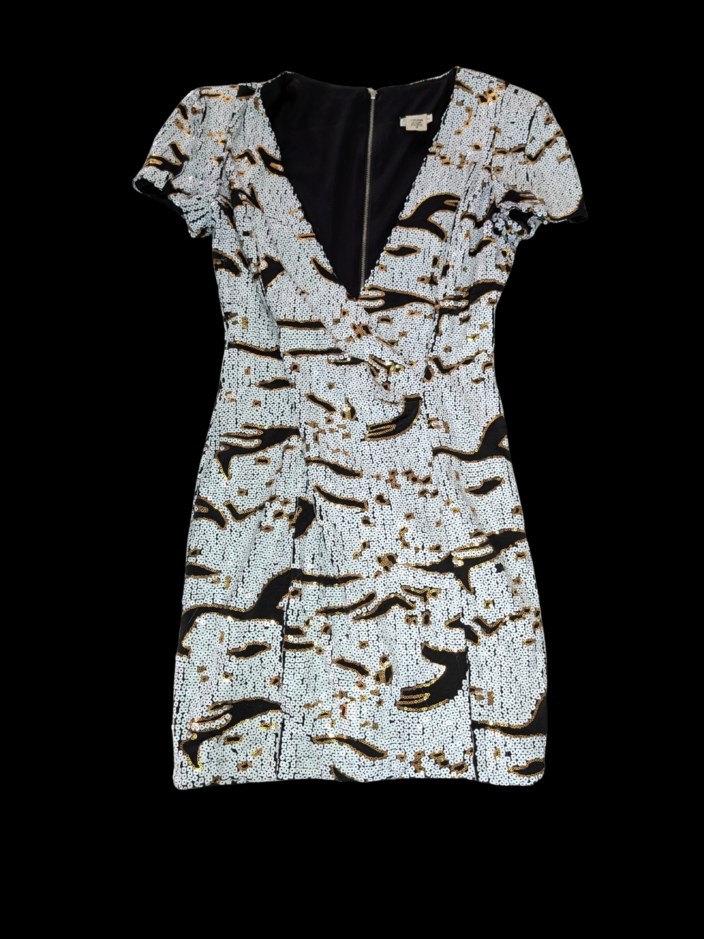 Rubber Ducky Productions, Inc. Black, White & Gold V-Neck Mini Dress
